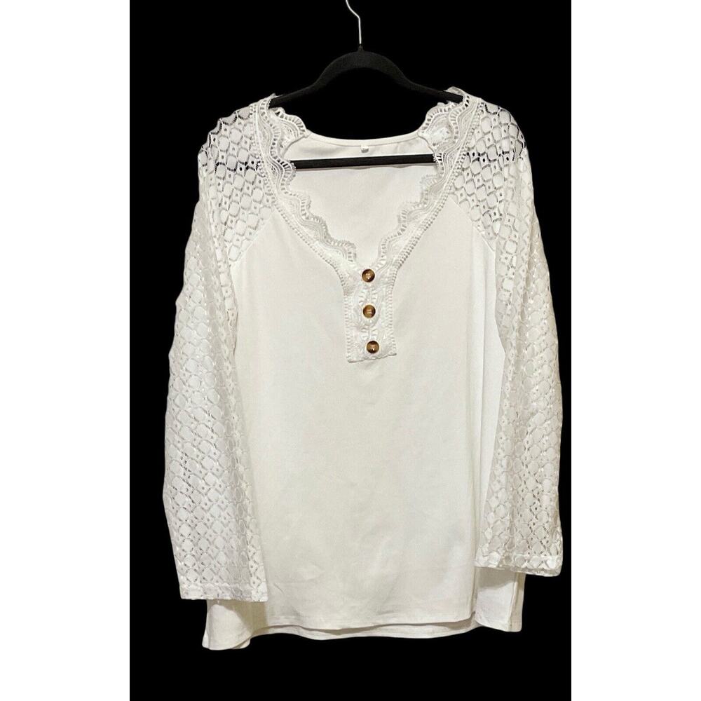 Woman’s White Lace Scalloped NeckPull Over Tee‎ Size 3XL Long Sleeve